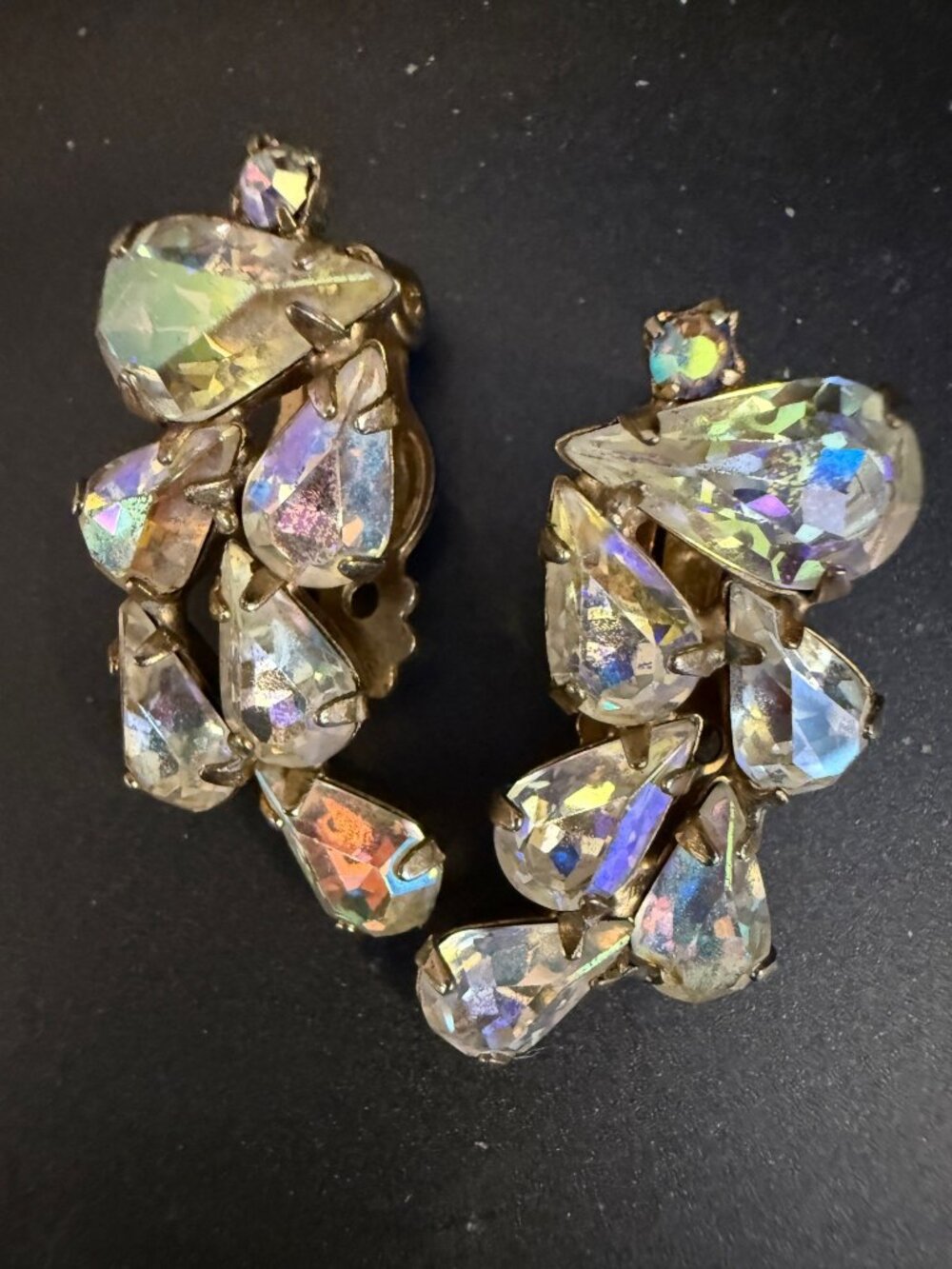 Vintage Weiss Aurora Borealis Rhinestone Clip On Earrings 1950s 1960s AB Crystal